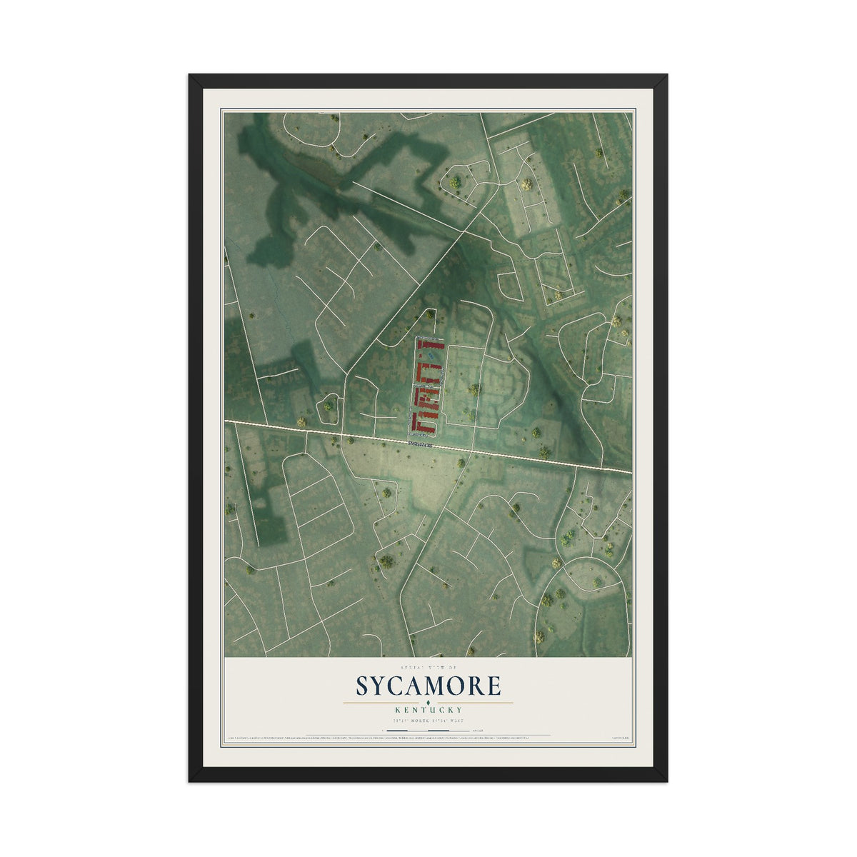 Map of Sycamore, Kentucky, 12 x 18 inch print in a black wood frame