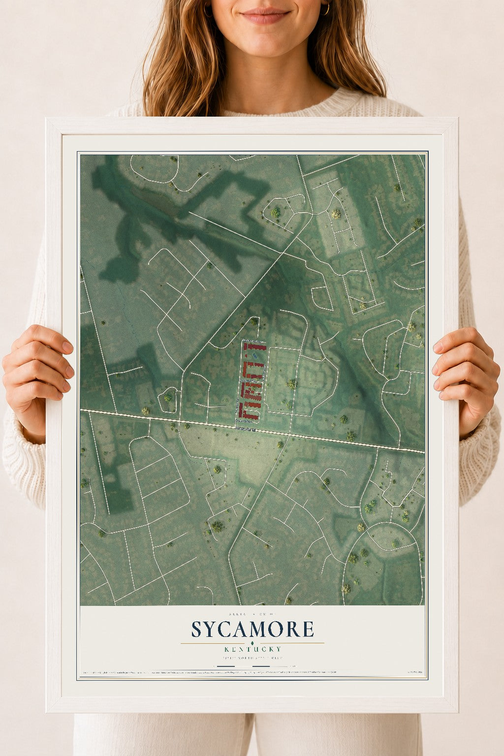 Map of Sycamore, Kentucky, 18 x 24 inch print in a white wood frame