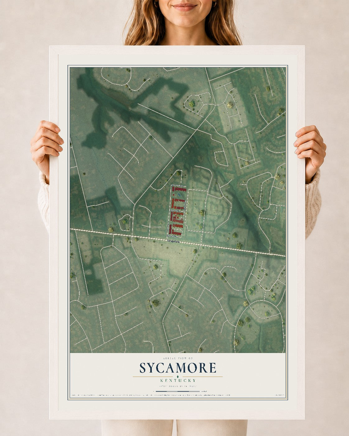 Map of Sycamore, Kentucky, 24 x 36 inch print in a white wood frame