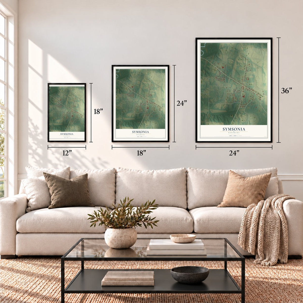 Symsonia, Kentucky map in 12 x 18, 18 x 24 and 24 x 36 inch sizes above a sofa
