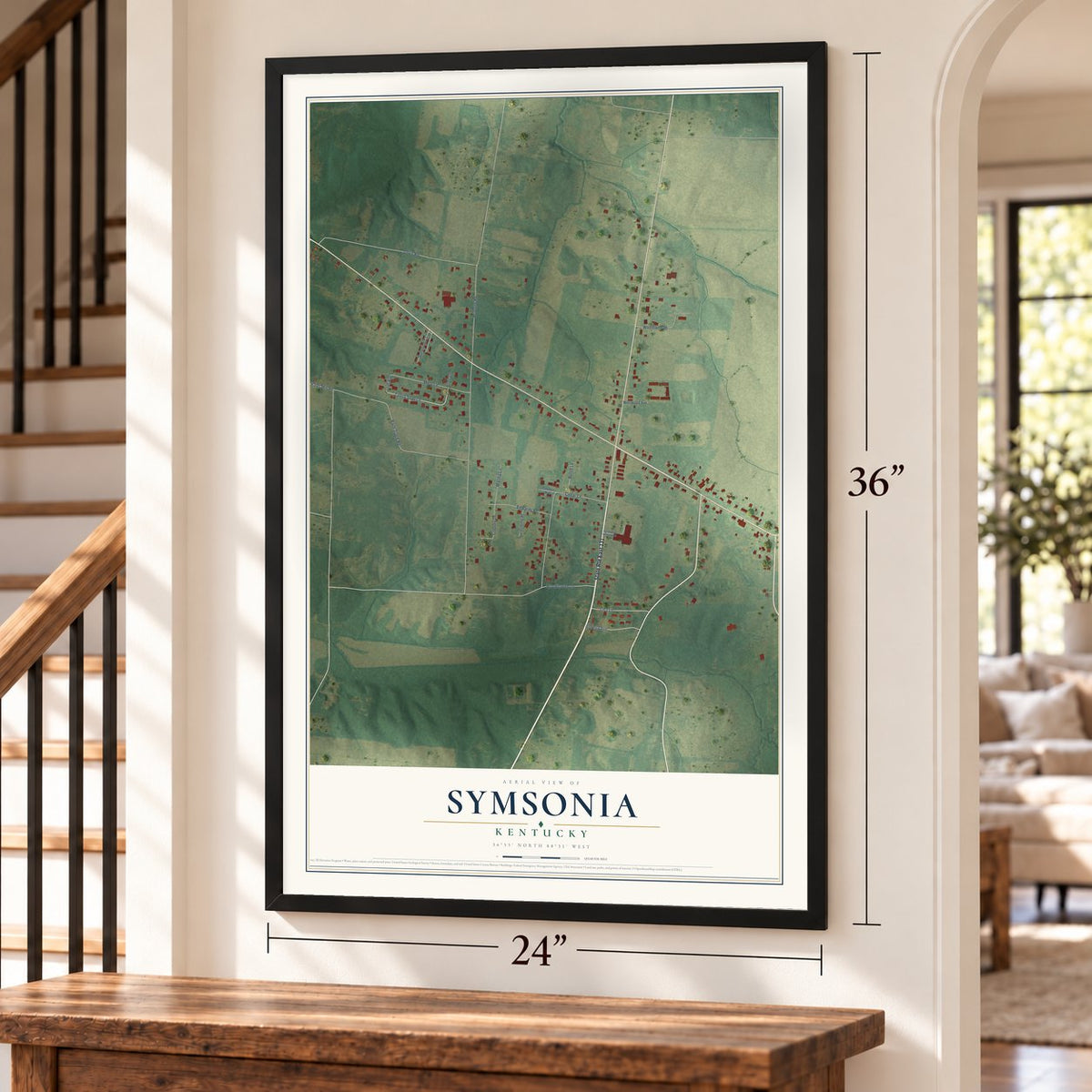 Symsonia, Kentucky map, 24 x 36 inch print in a black frame by a staircase