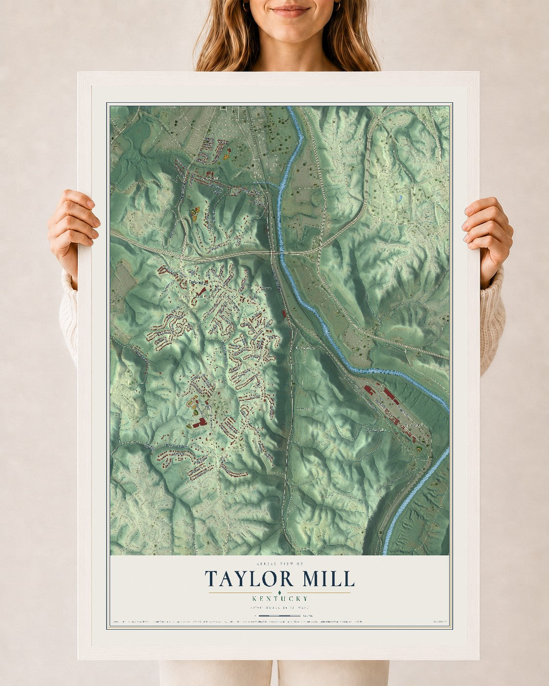 Map of Taylor Mill, Kentucky, 24 x 36 inch print in a white wood frame
