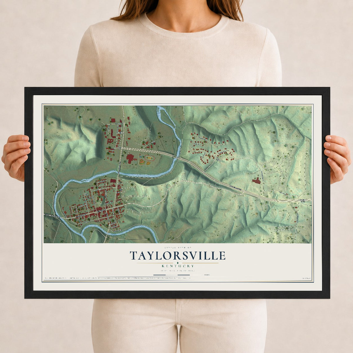 Map of Taylorsville, Kentucky, 12 x 18 inch print in a black wood frame
