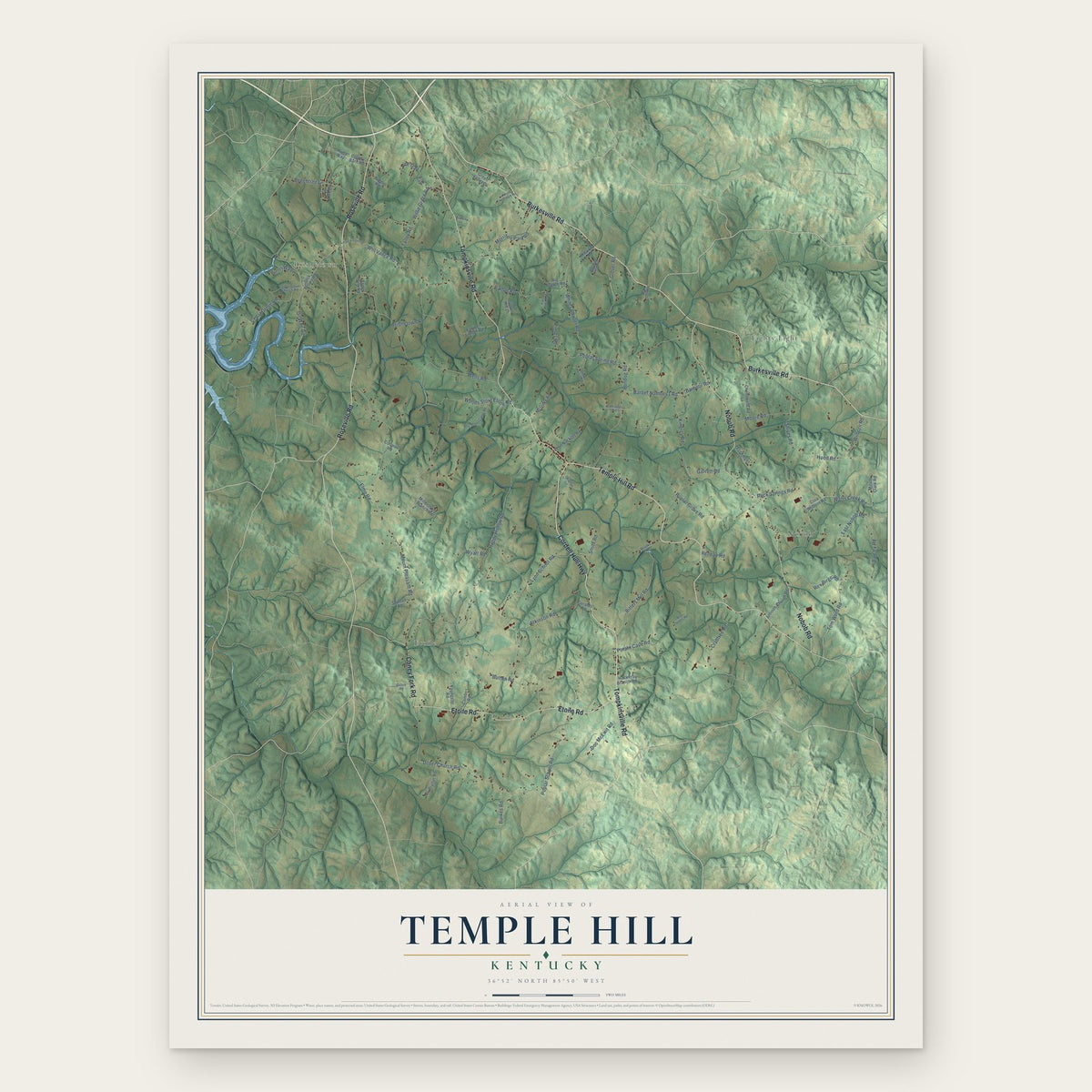 Temple Hill, Kentucky map print, the full design