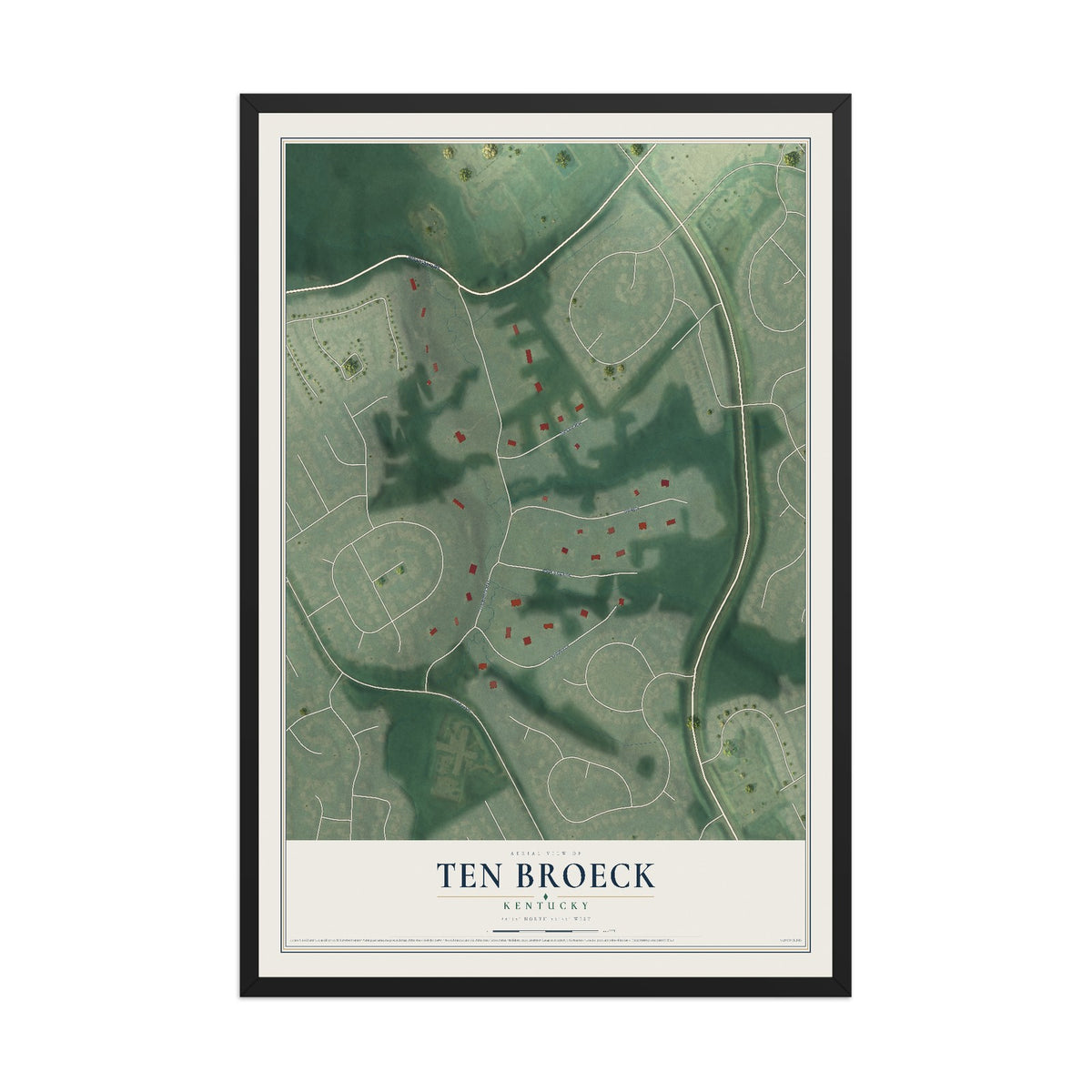 Map of Ten Broeck, Kentucky, 12 x 18 inch print in a black wood frame