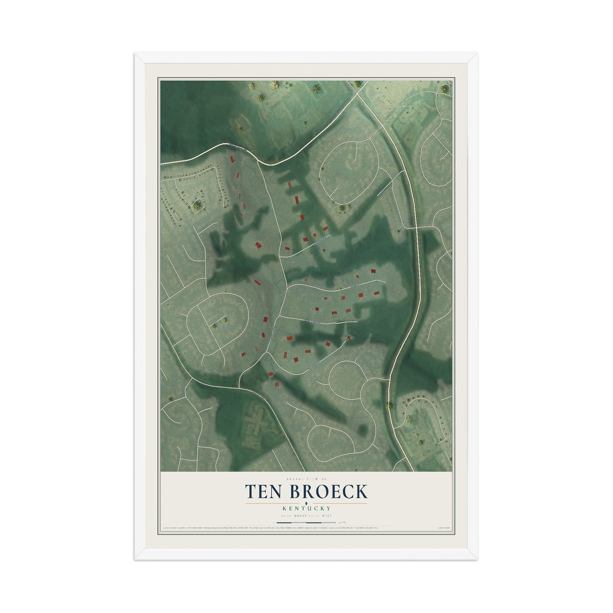 Map of Ten Broeck, Kentucky, 12 x 18 inch print in a white wood frame