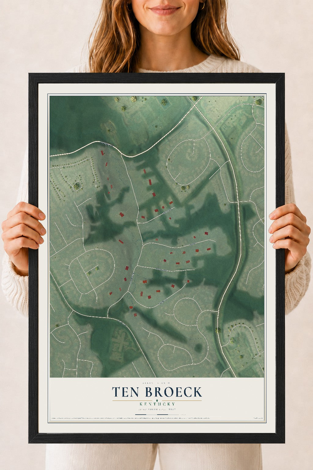 Map of Ten Broeck, Kentucky, 18 x 24 inch print in a black wood frame