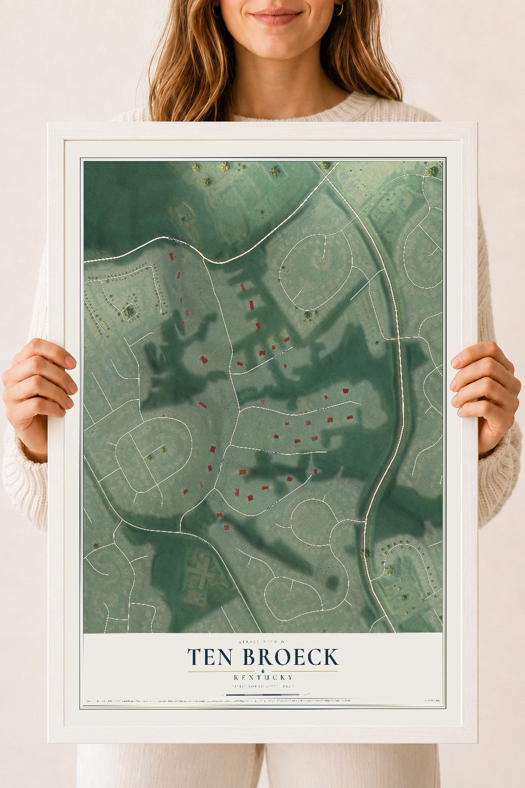 Map of Ten Broeck, Kentucky, 18 x 24 inch print in a white wood frame