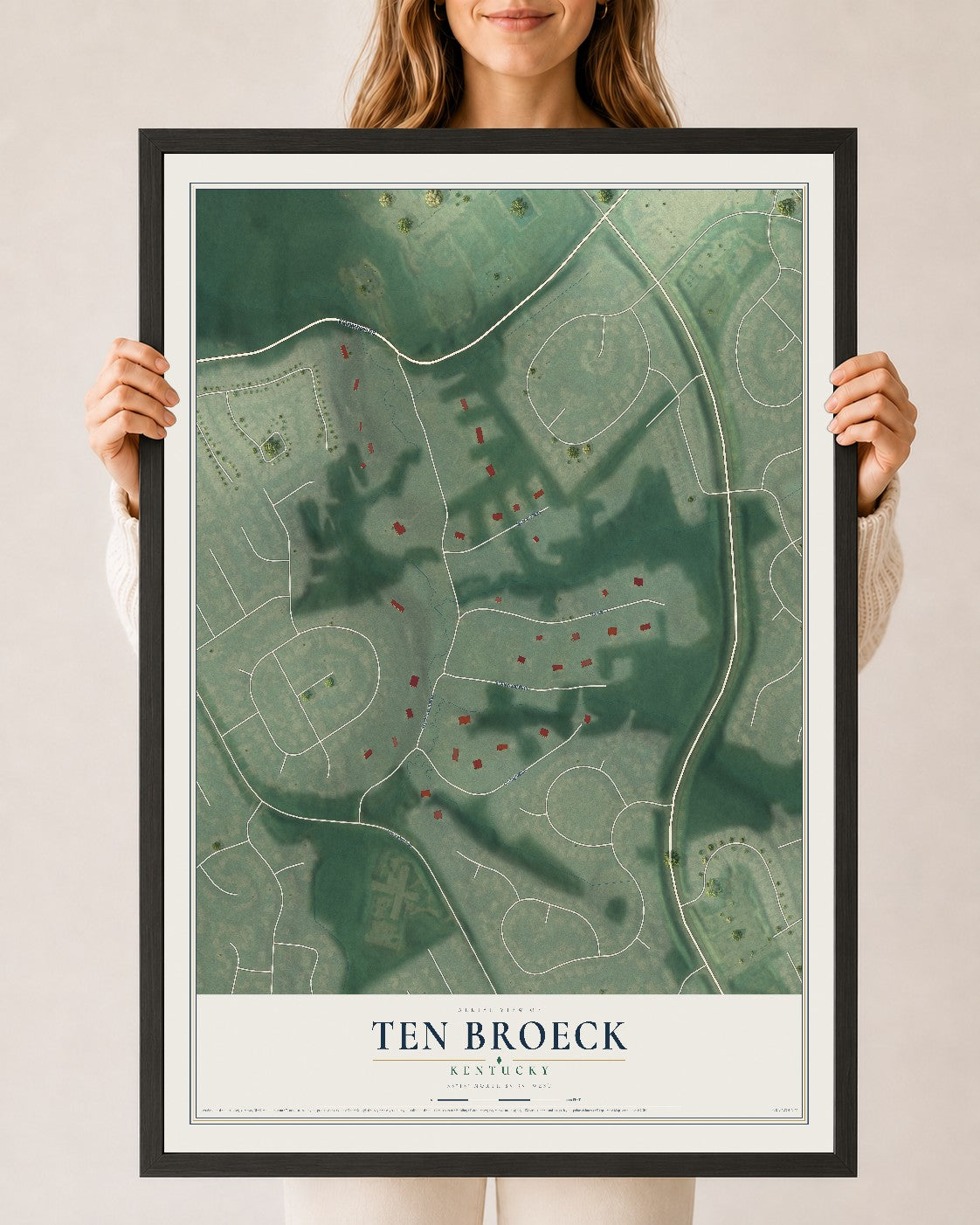 Map of Ten Broeck, Kentucky, 24 x 36 inch print in a black wood frame