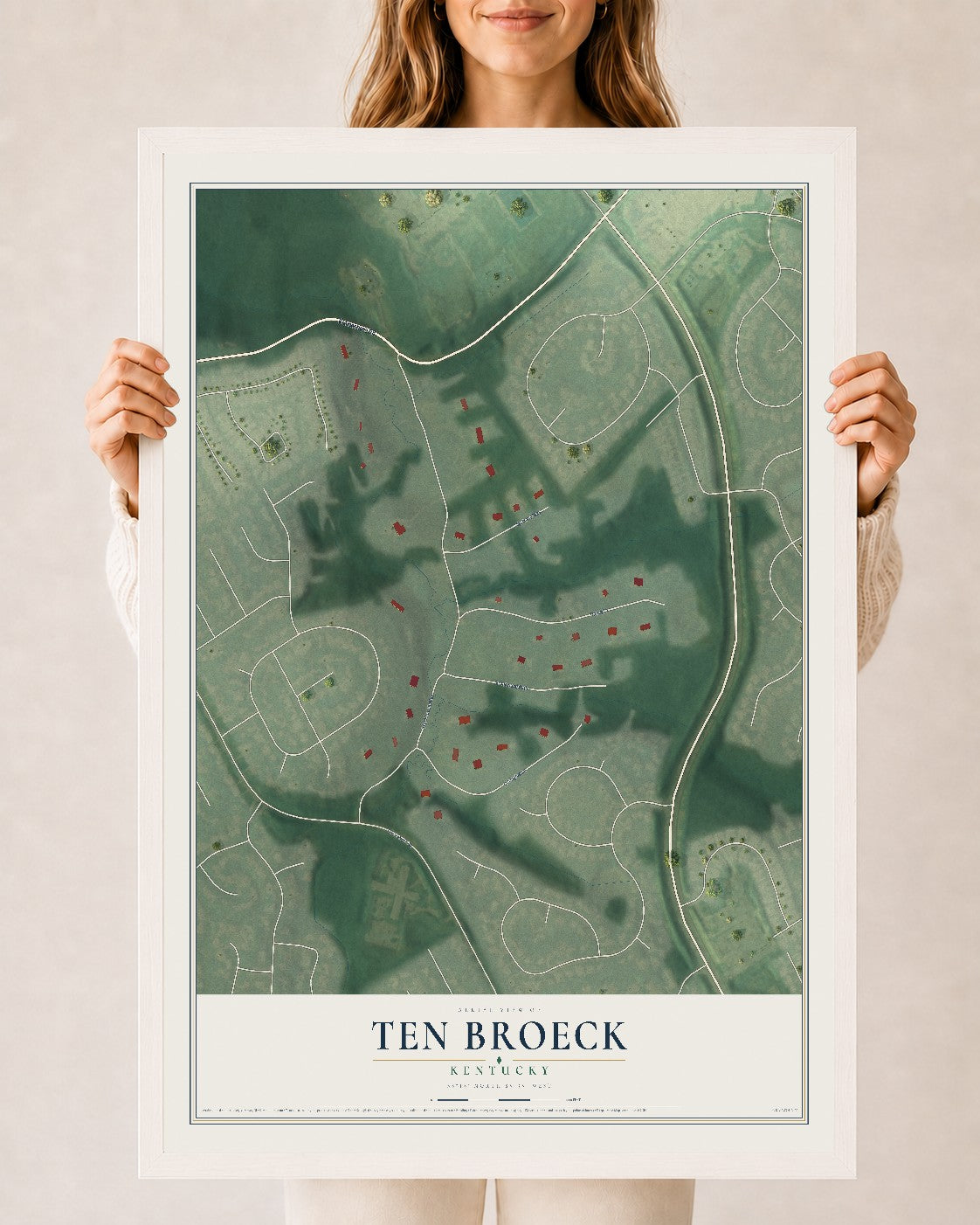 Map of Ten Broeck, Kentucky, 24 x 36 inch print in a white wood frame