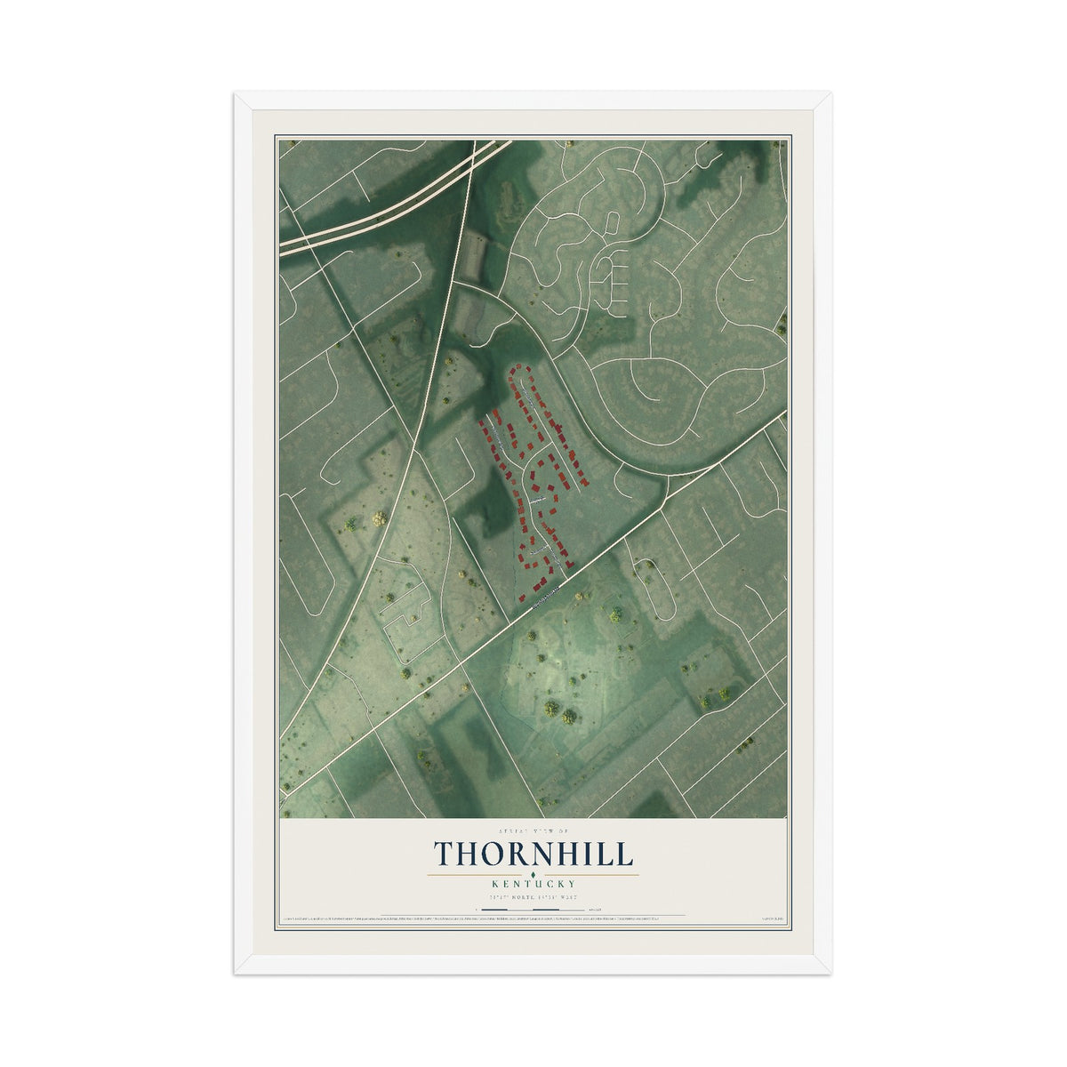 Map of Thornhill, Kentucky, 12 x 18 inch print in a white wood frame