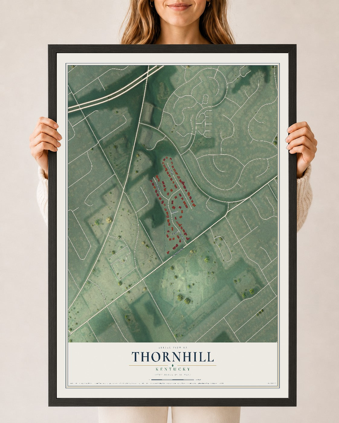 Map of Thornhill, Kentucky, 24 x 36 inch print in a black wood frame