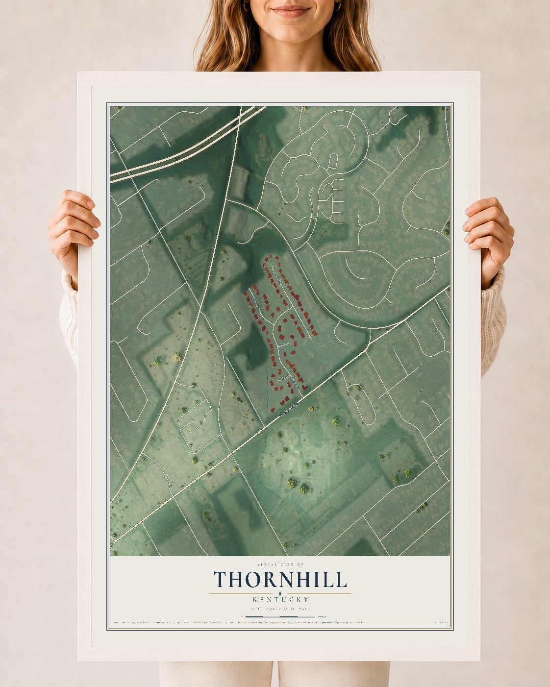 Map of Thornhill, Kentucky, 24 x 36 inch print in a white wood frame