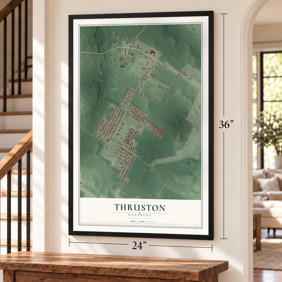 Thruston, Kentucky map, 24 x 36 inch print in a black frame by a staircase