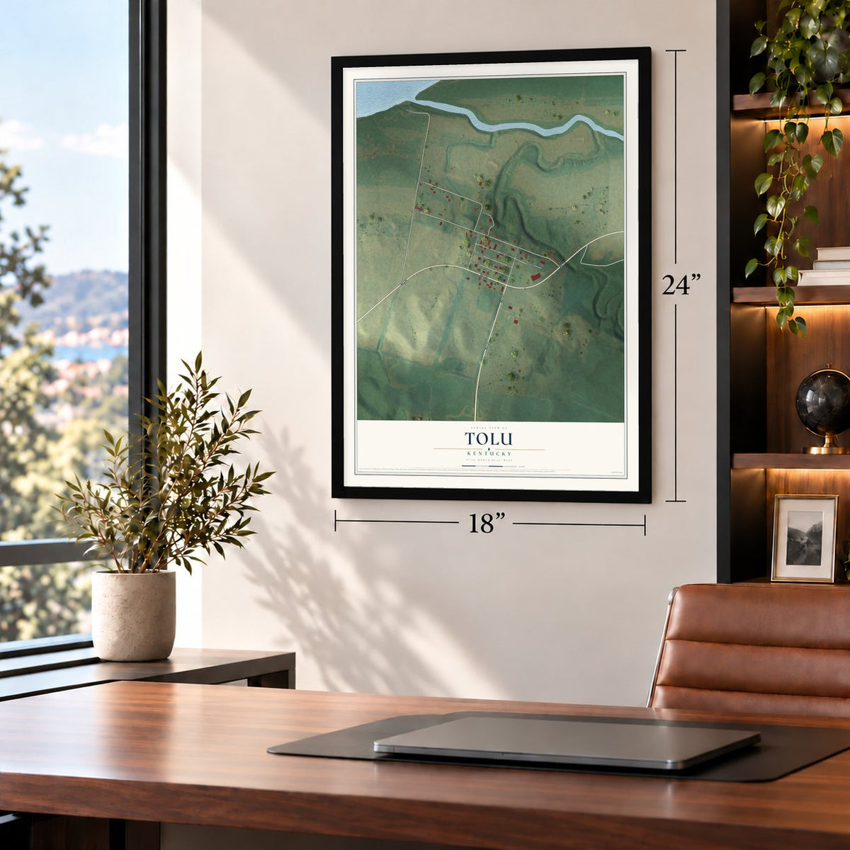 Tolu, Kentucky map, 18 x 24 inch print in a black frame in a home office