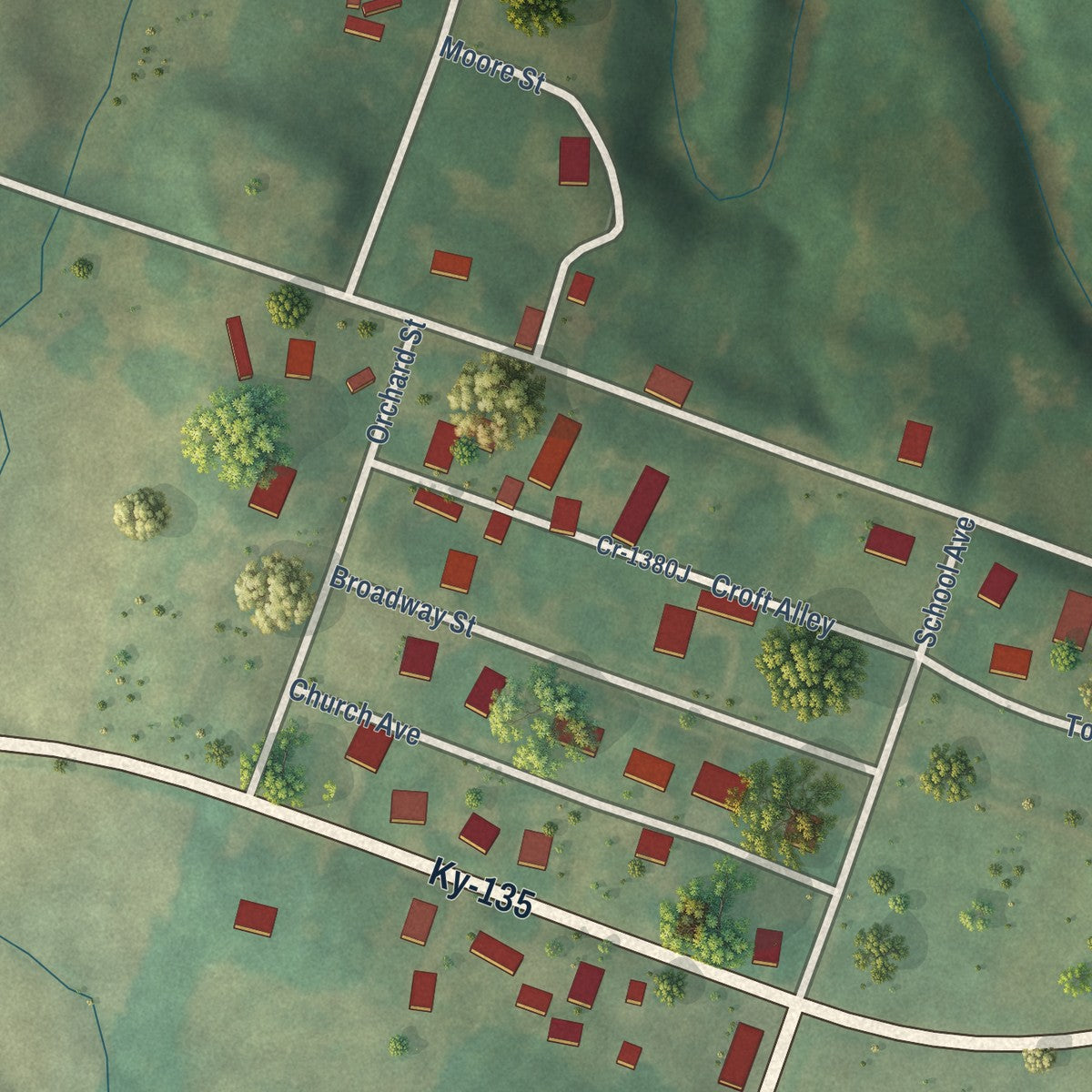 Close-up of the map of Tolu, Kentucky print showing street and building detail