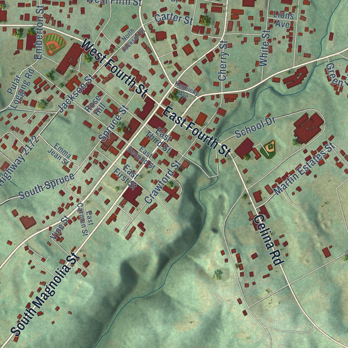 Close-up of the map of Tompkinsville, Kentucky print showing street and building detail