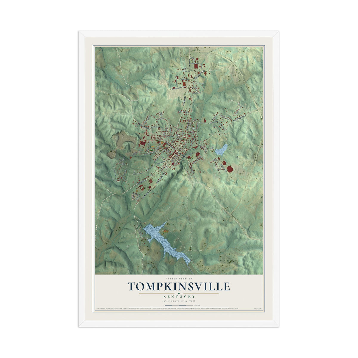 Map of Tompkinsville, Kentucky, 12 x 18 inch print in a white wood frame