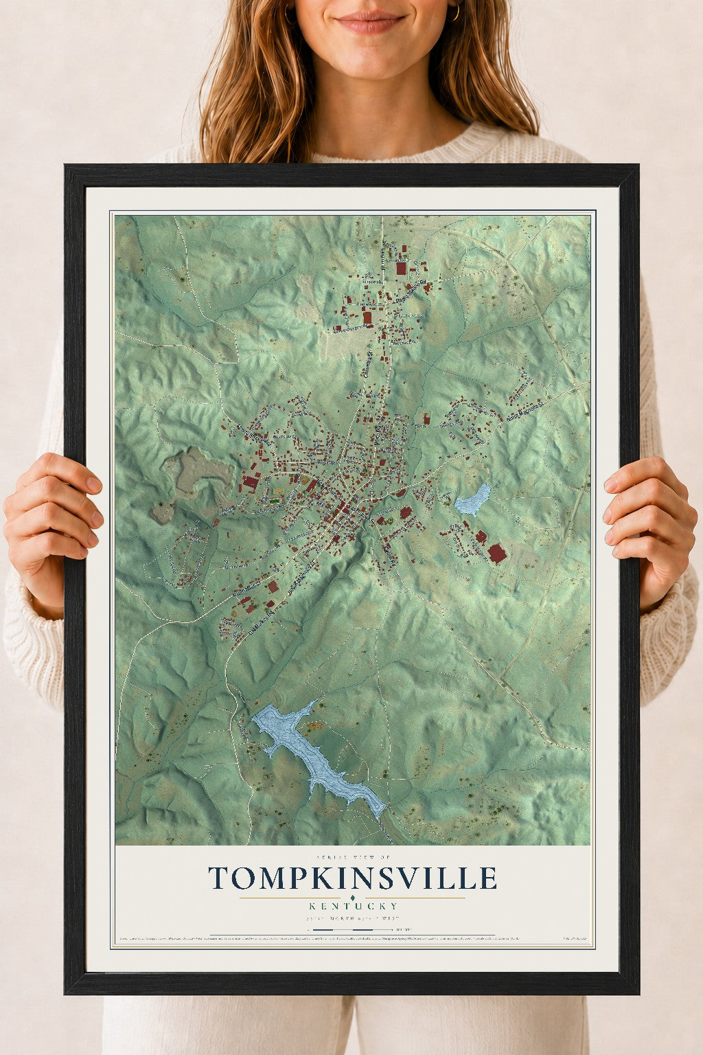 Map of Tompkinsville, Kentucky, 18 x 24 inch print in a black wood frame