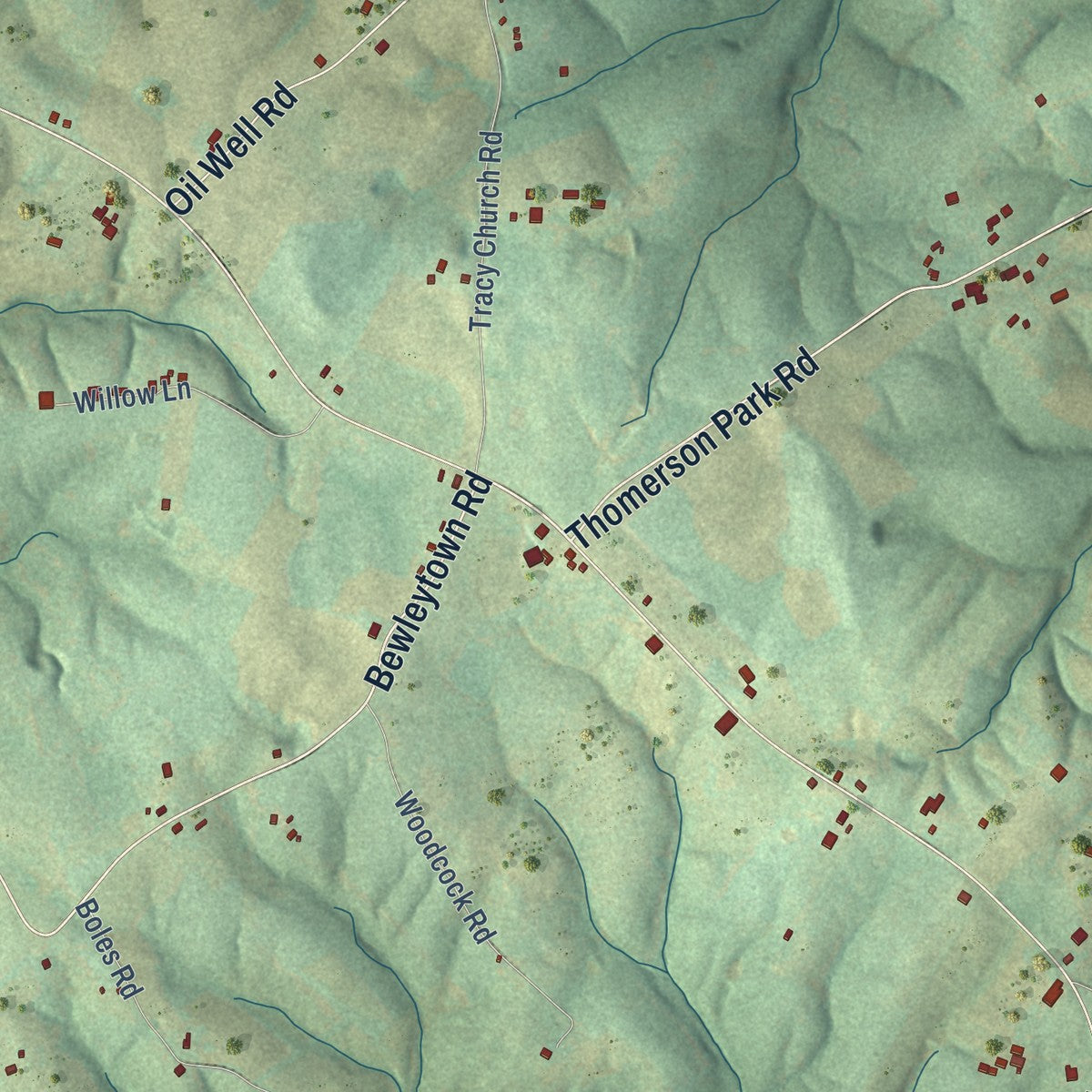 Close-up of the map of Tracy, Kentucky print showing street and building detail