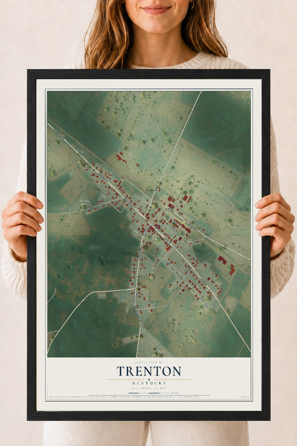 Map of Trenton, Kentucky, 18 x 24 inch print in a black wood frame