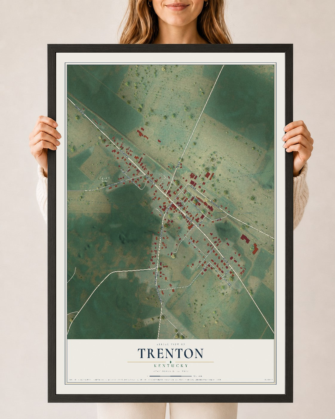 Map of Trenton, Kentucky, 24 x 36 inch print in a black wood frame