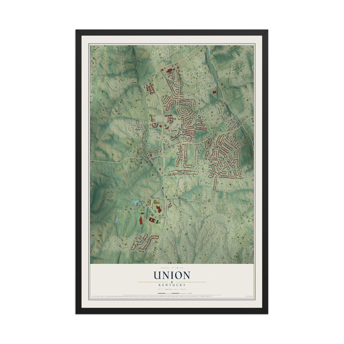 Map of Union, Kentucky, 12 x 18 inch print in a black wood frame