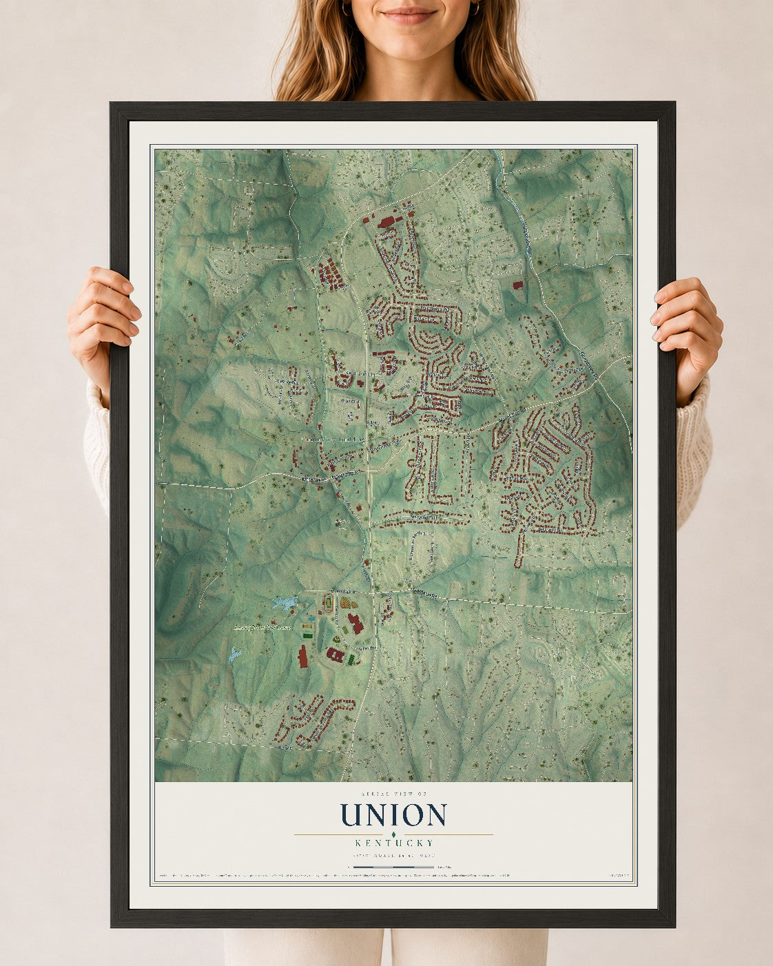 Map of Union, Kentucky, 24 x 36 inch print in a black wood frame