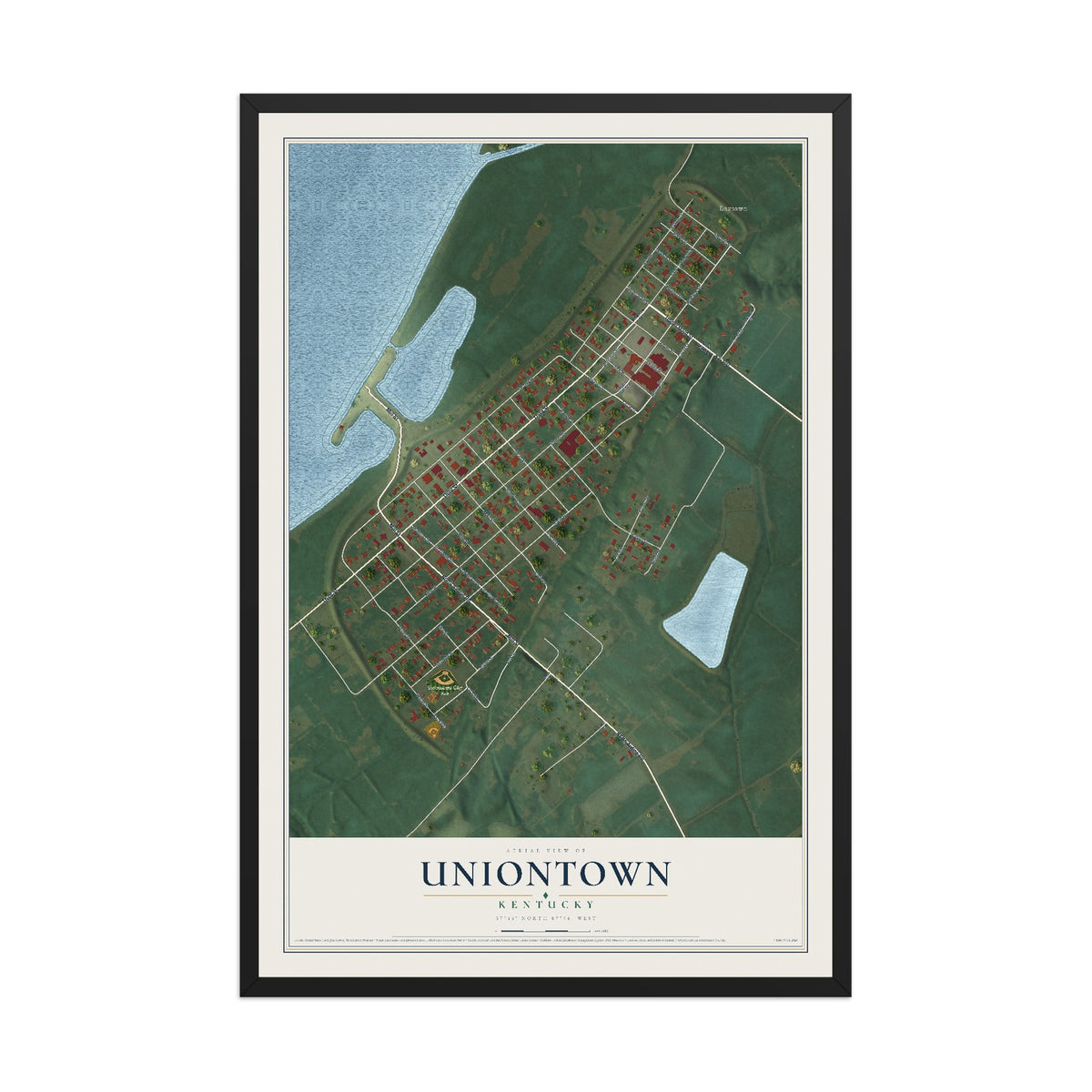 Map of Uniontown, Kentucky, 12 x 18 inch print in a black wood frame