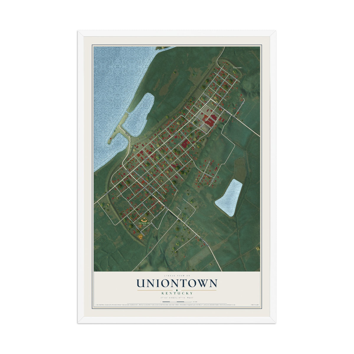 Map of Uniontown, Kentucky, 12 x 18 inch print in a white wood frame
