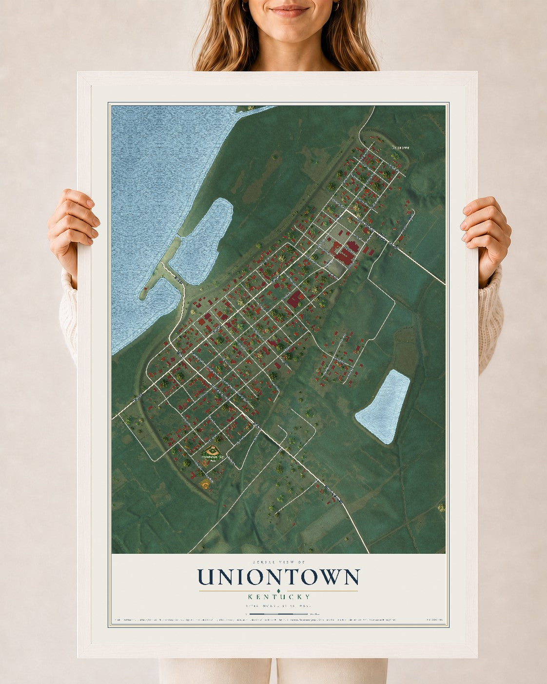 Map of Uniontown, Kentucky, 24 x 36 inch print in a white wood frame