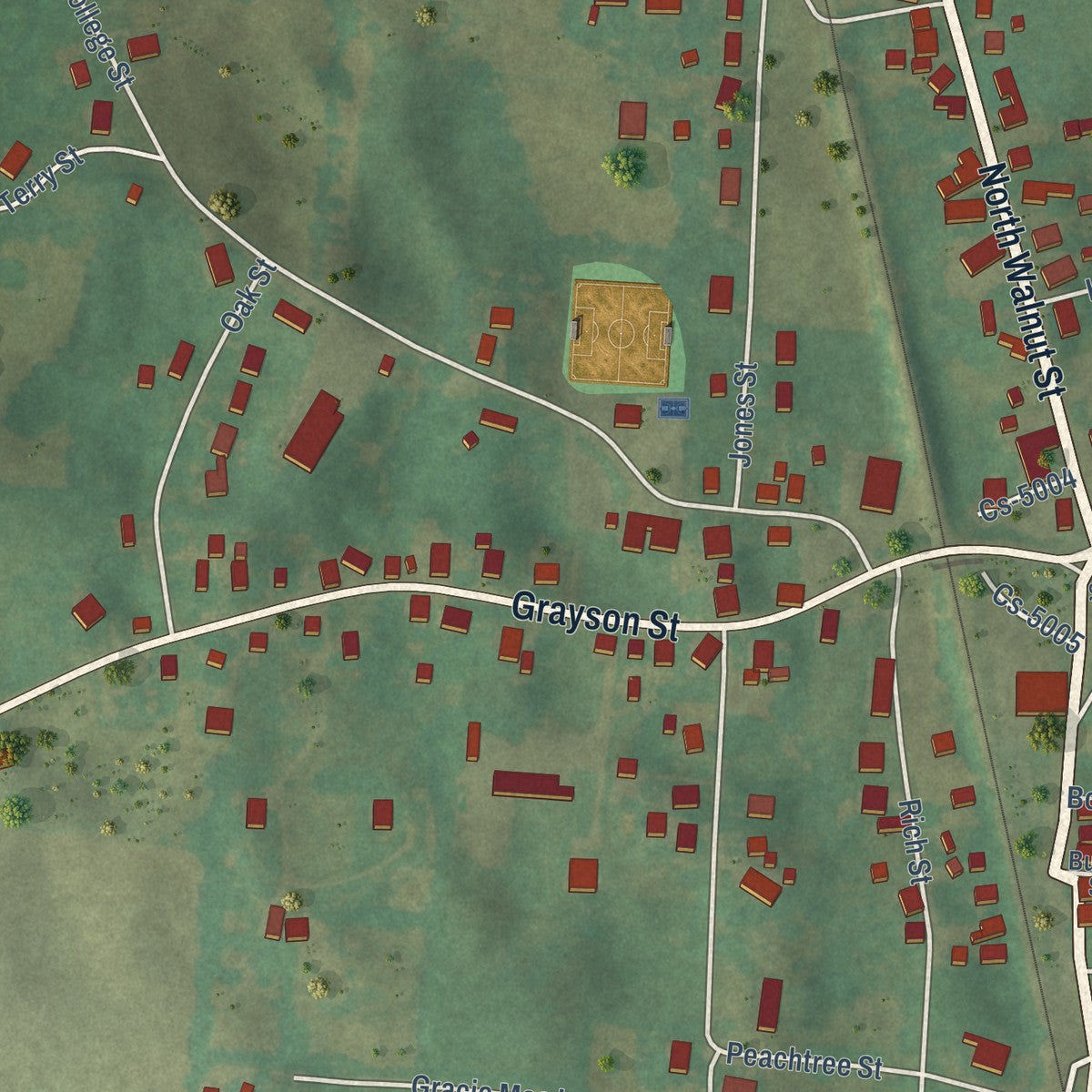 Close-up of the map of Upton, Kentucky print showing street and building detail