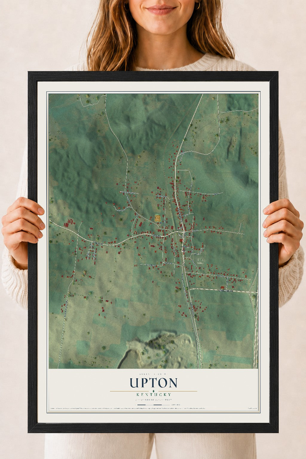 Map of Upton, Kentucky, 18 x 24 inch print in a black wood frame