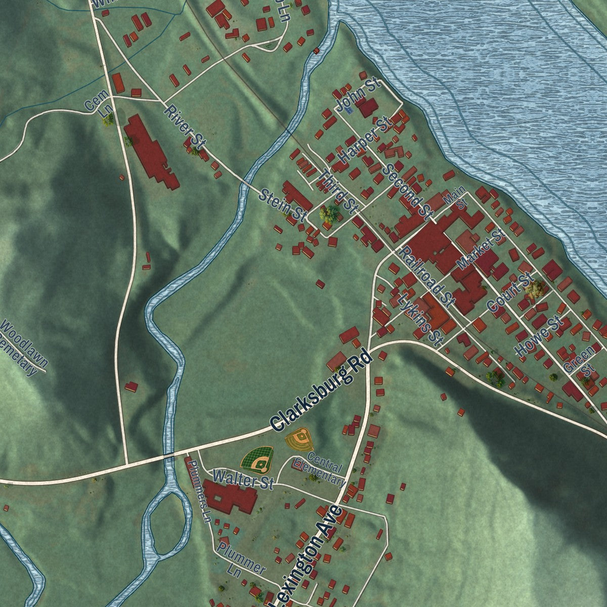 Close-up of the map of Vanceburg, Kentucky print showing street and building detail