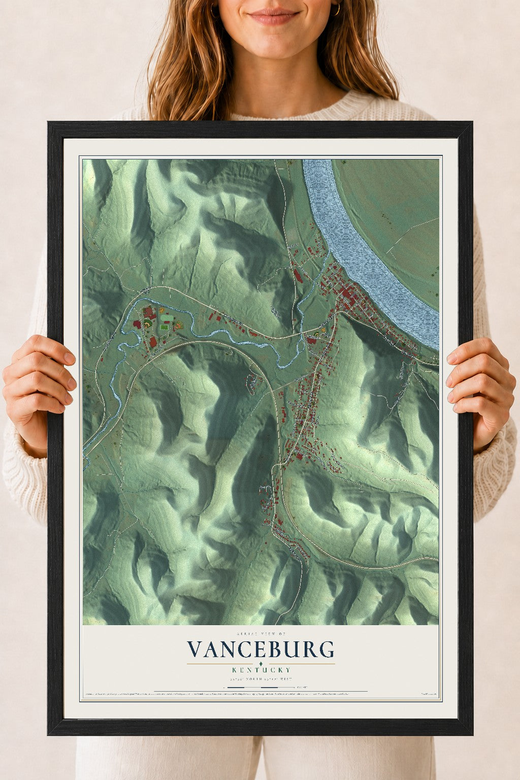 Map of Vanceburg, Kentucky, 18 x 24 inch print in a black wood frame