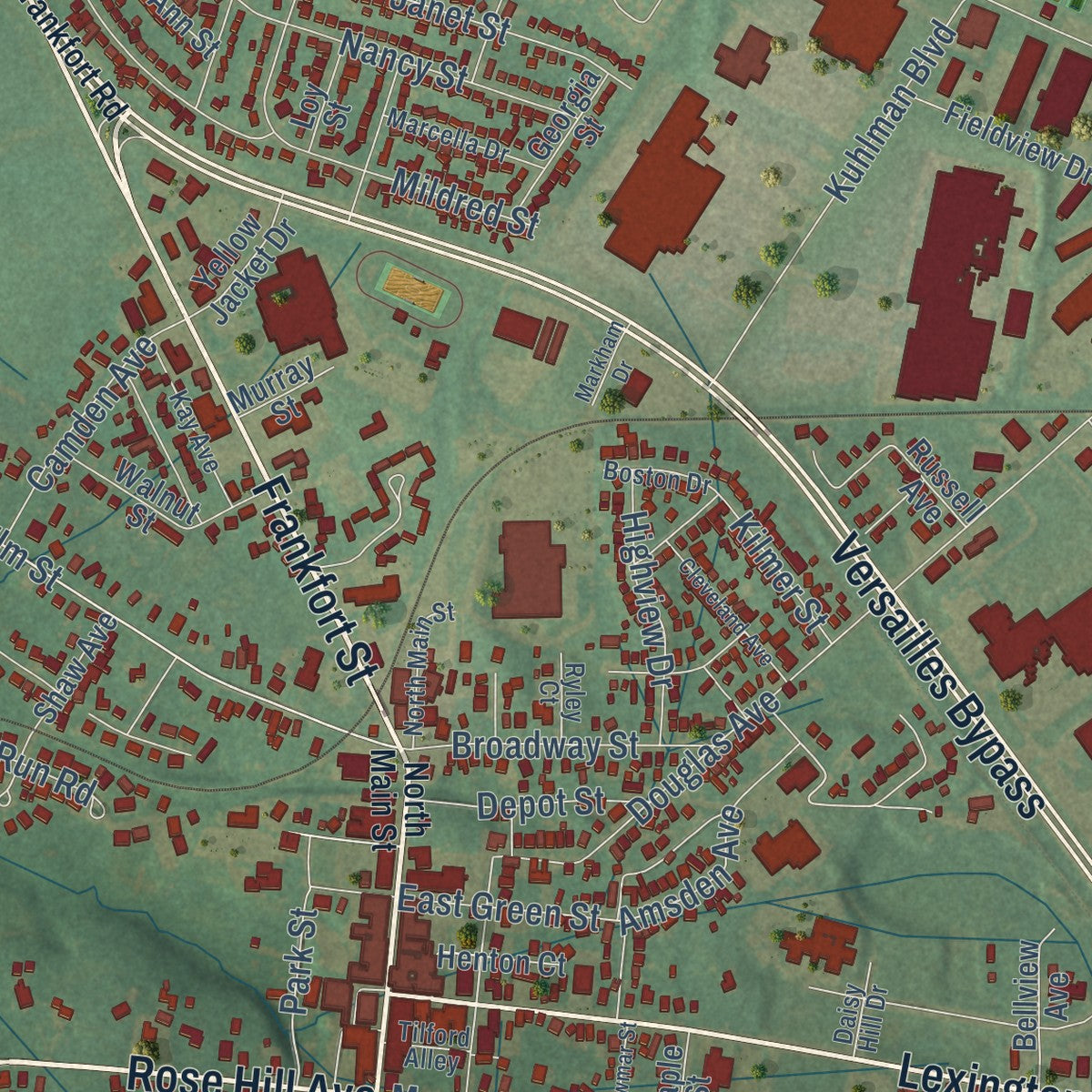 Close-up of the map of Versailles, Kentucky print showing street and building detail