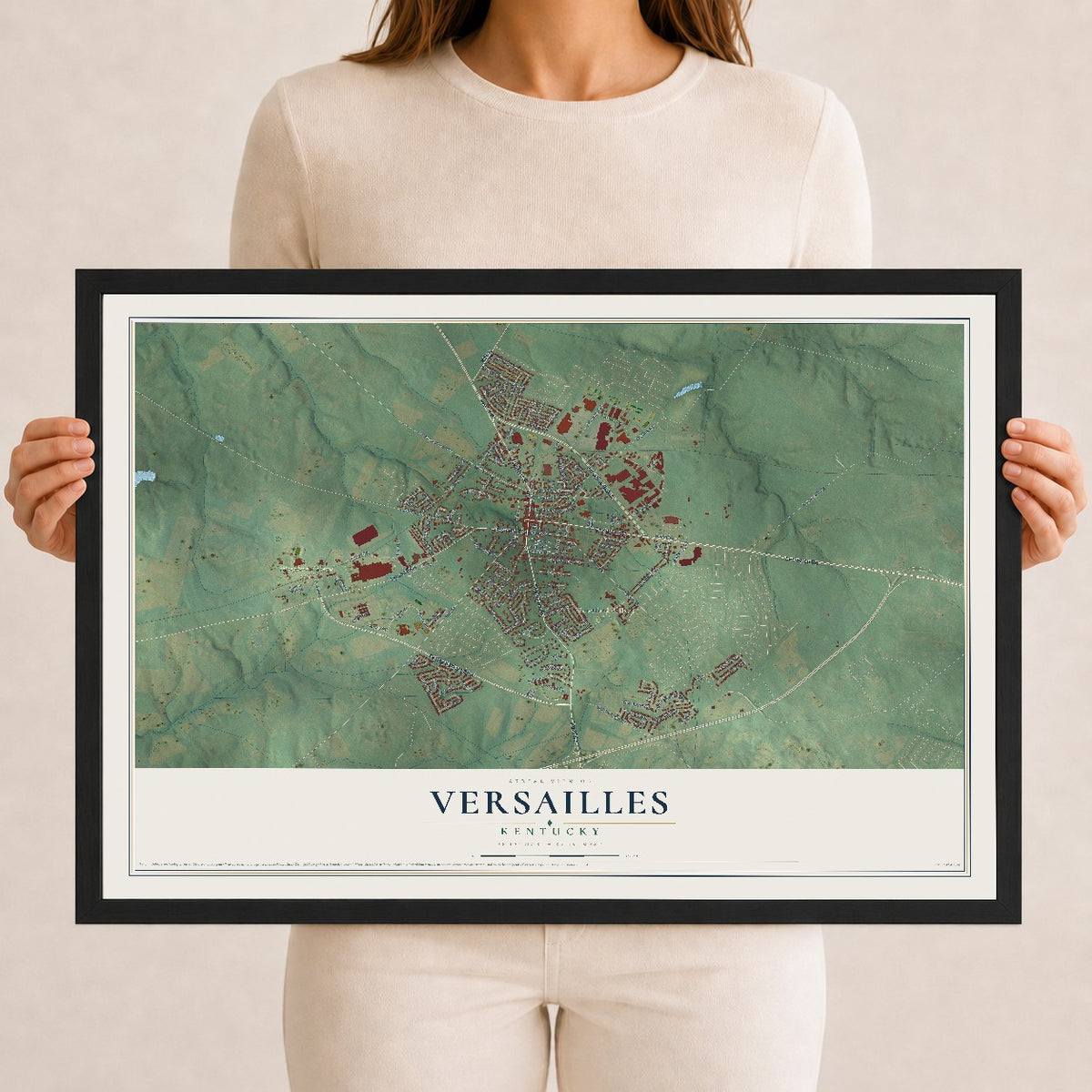 Map of Versailles, Kentucky, 12 x 18 inch print in a black wood frame