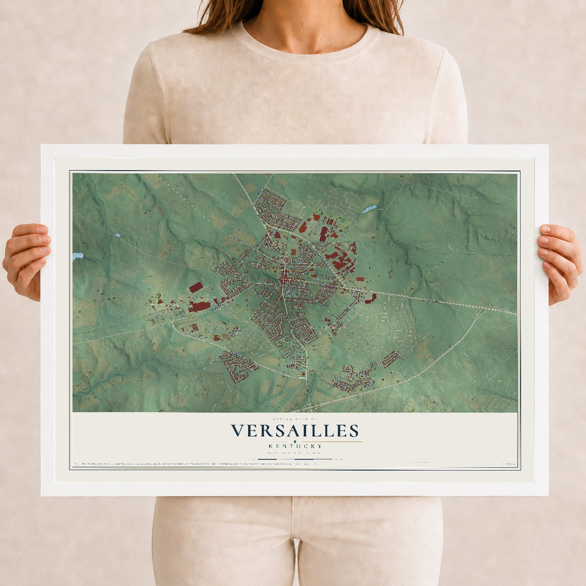 Map of Versailles, Kentucky, 12 x 18 inch print in a white wood frame