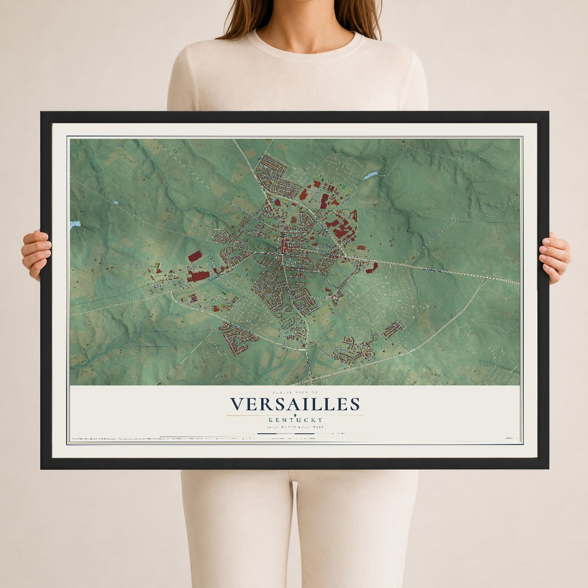 Map of Versailles, Kentucky, 24 x 36 inch print in a black wood frame