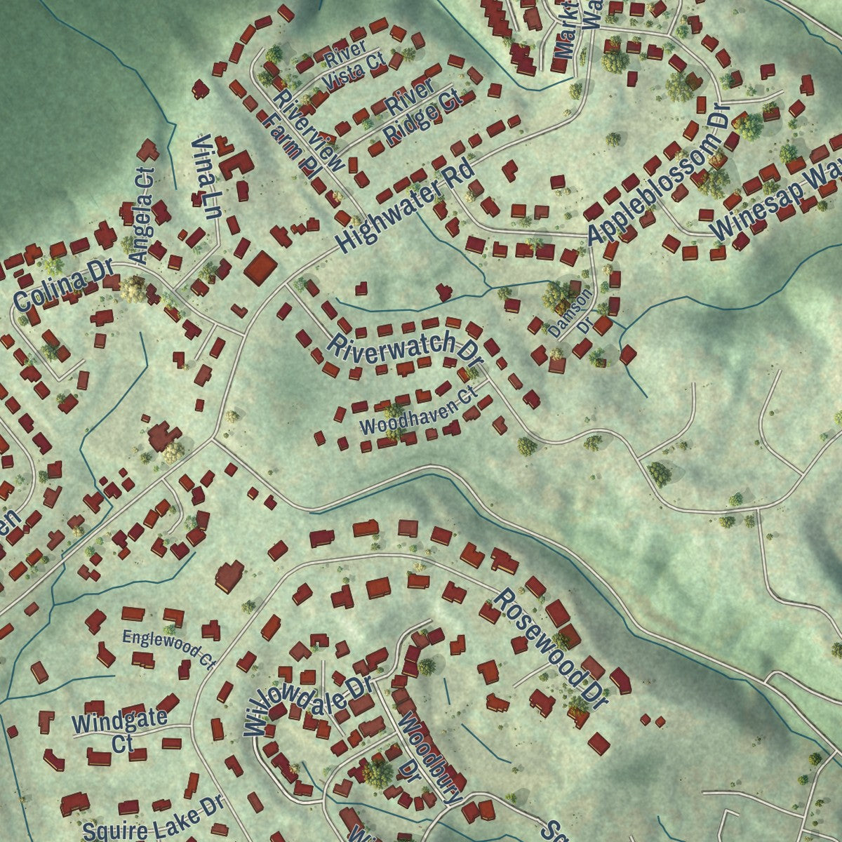Second close-up of the map of Villa Hills, Kentucky print showing more streets and buildings