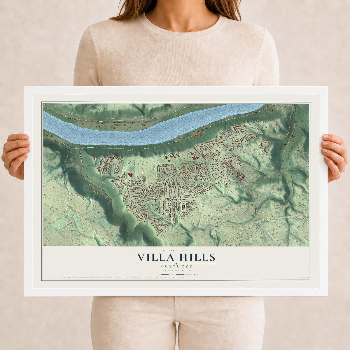 Map of Villa Hills, Kentucky, 12 x 18 inch print in a white wood frame