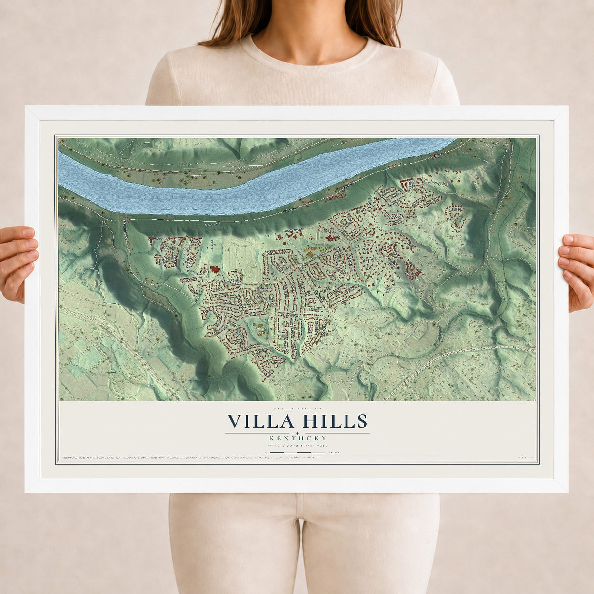 Map of Villa Hills, Kentucky, 18 x 24 inch print in a white wood frame