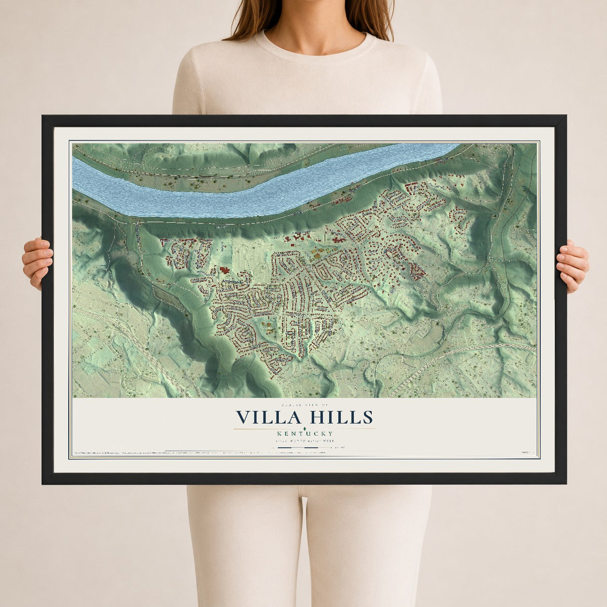 Map of Villa Hills, Kentucky, 24 x 36 inch print in a black wood frame
