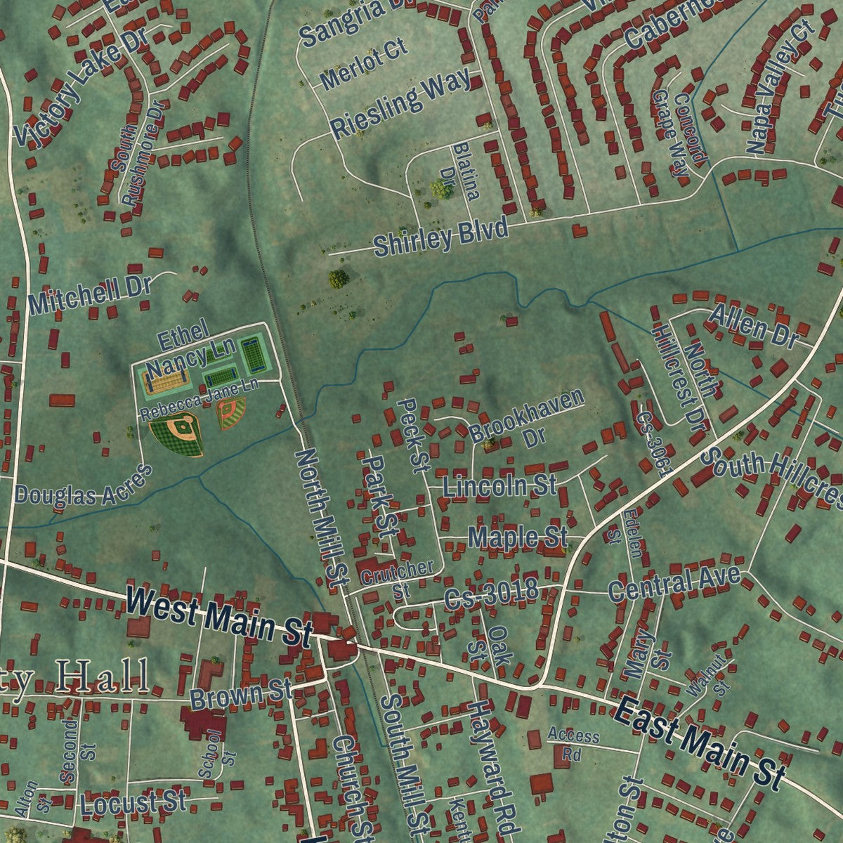 Close-up of the map of Vine Grove, Kentucky print showing street and building detail