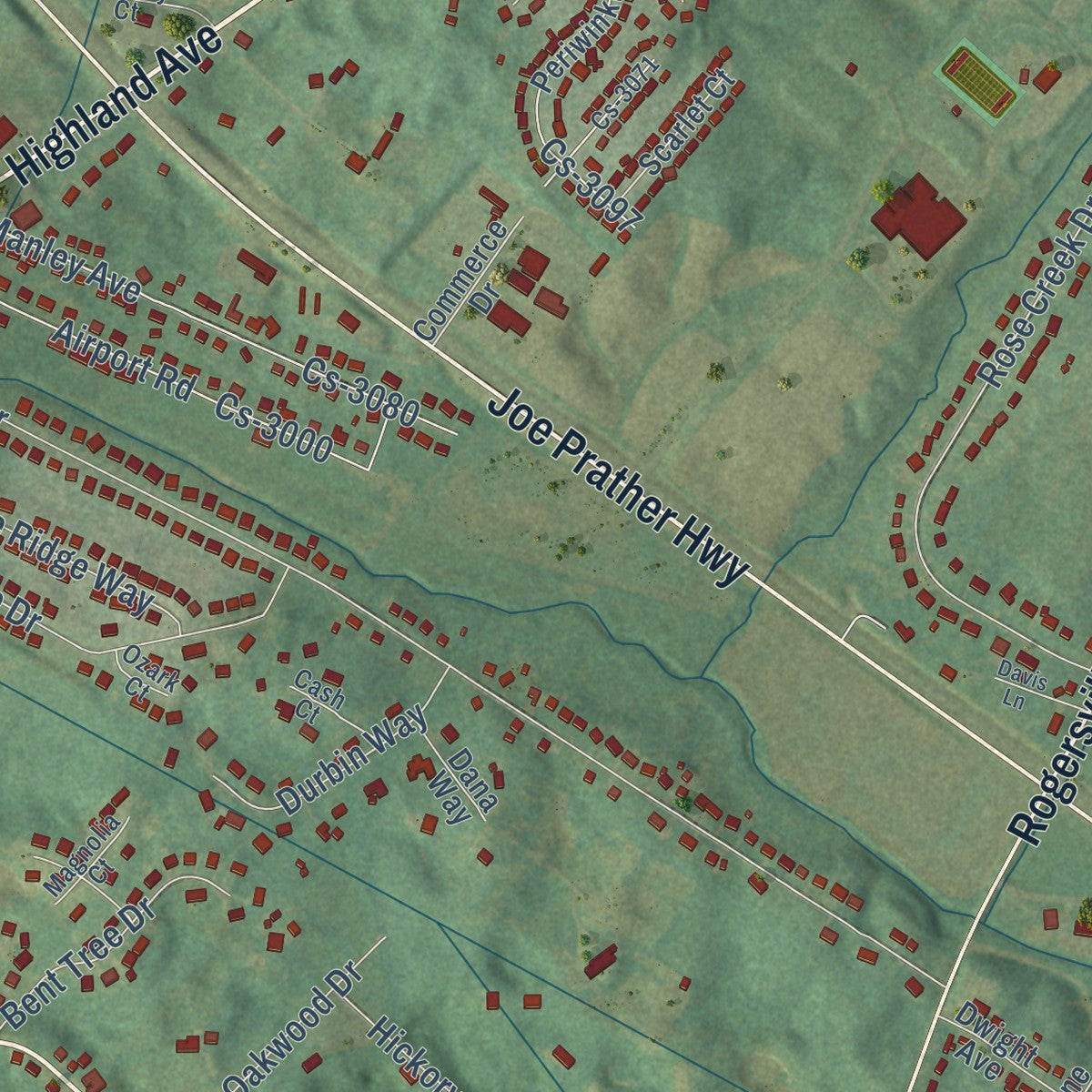 Second close-up of the map of Vine Grove, Kentucky print showing more streets and buildings
