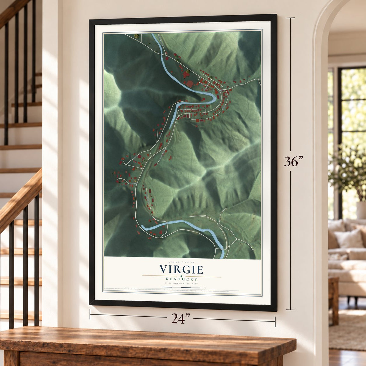 Virgie, Kentucky map, 24 x 36 inch print in a black frame by a staircase