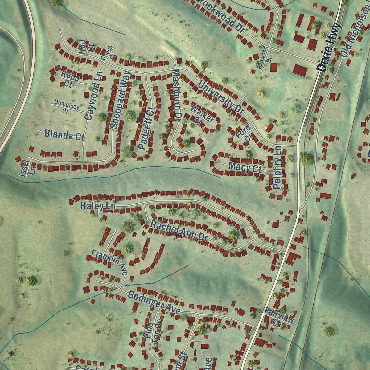 Second close-up of the map of Walton, Kentucky print showing more streets and buildings