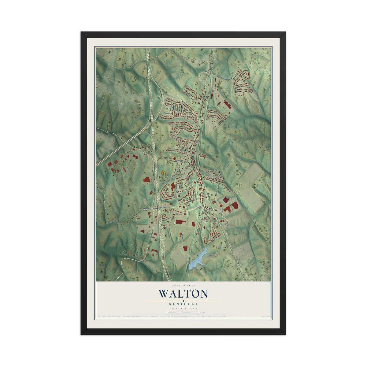 Map of Walton, Kentucky, 12 x 18 inch print in a black wood frame