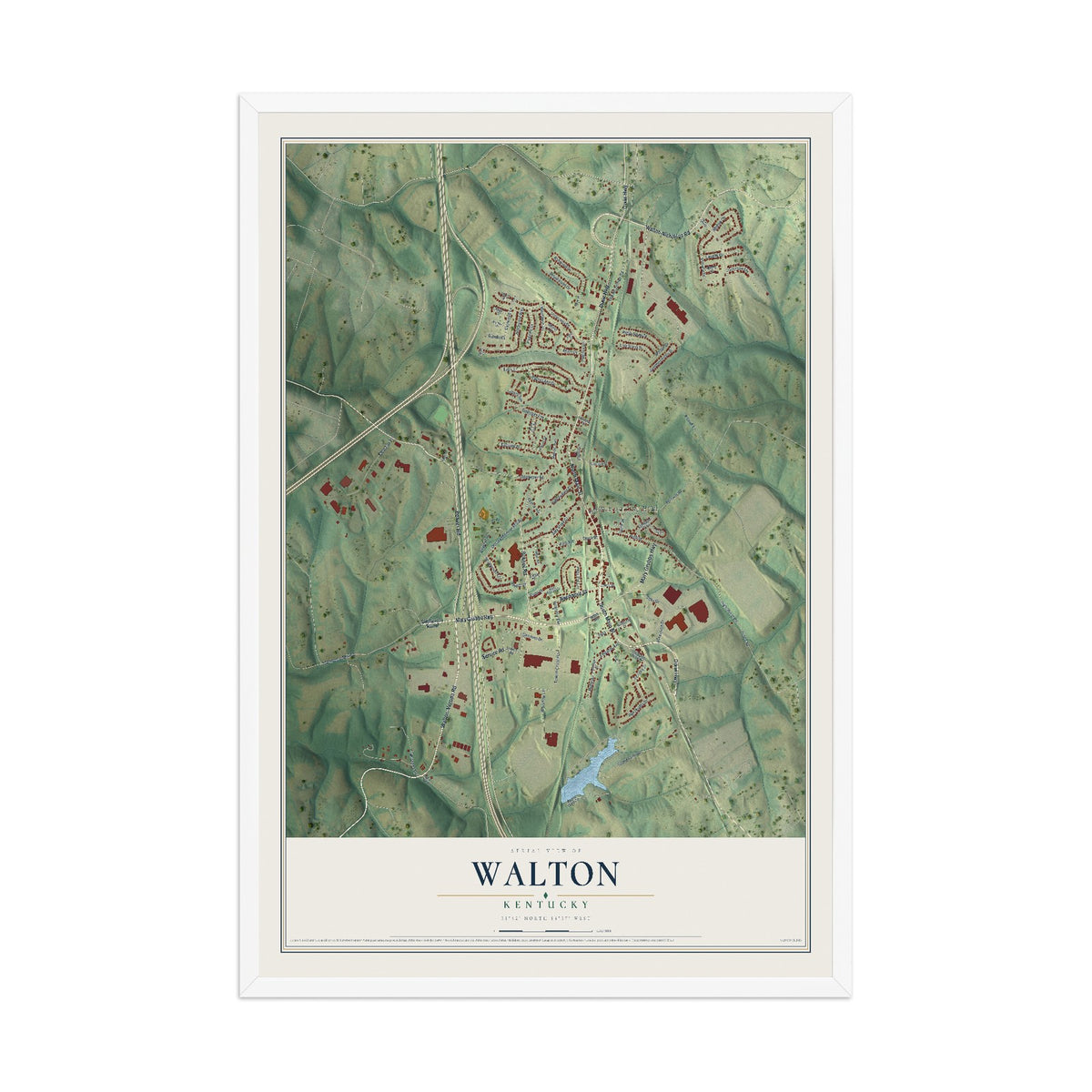 Map of Walton, Kentucky, 12 x 18 inch print in a white wood frame