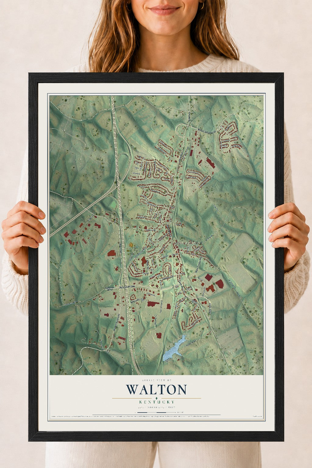 Map of Walton, Kentucky, 18 x 24 inch print in a black wood frame